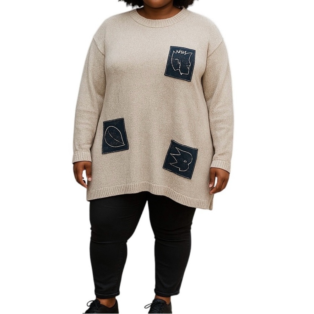 Stitches in Time Vintage Sweater Fall Leaf Navy Patches Tan Artsy Tunic Women 3X